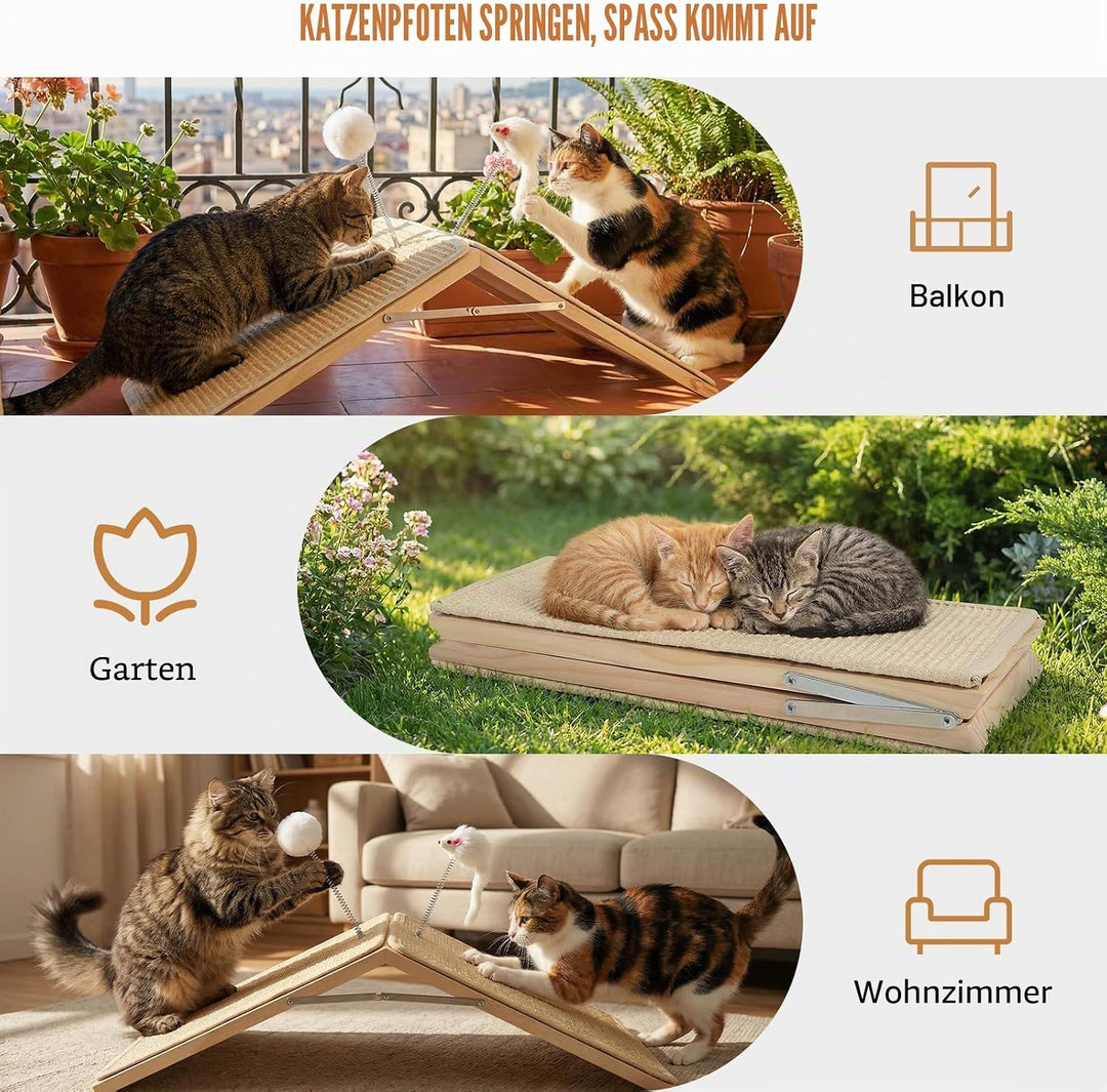 Kratzrampe für Katzen, Sisal Kratzbrett Holzrampe, Faltbares Dreieck Katzenkratzbrett mit 2 Federplü