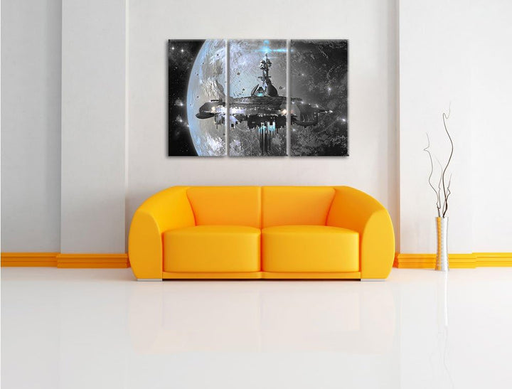 Pixxprint Raumschiff vor der Erde als Leinwandbild/Grösse: 3 Teilig (120x80 cm) cm/Wandbild/Kunstdru