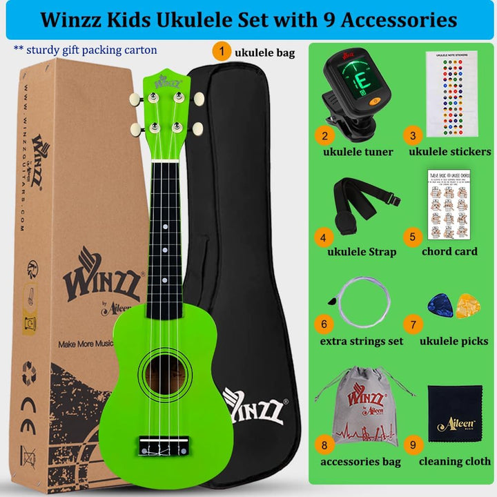 Winzz Sopran Ukulele Starter Kit für Anfänger mit Tasche, Clip-On Tuner, Zusätzlichen Saiten, Gurt,