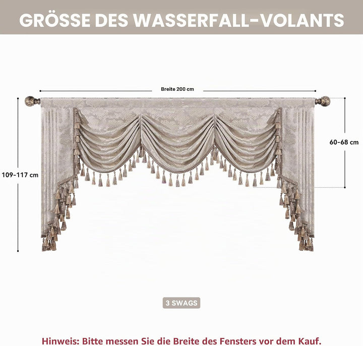Swag Volant Vorhang für Schlafzimmer Esszimmer Wohnzimmer Küche, Damast Kurzstore Waterfall Volant-V