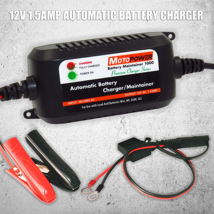 MOTOPOWER MP00206A 12V 1.5Amp Automatisches Ladegerät/Wartung für Autos, Motorräder, Geländefahrzeug