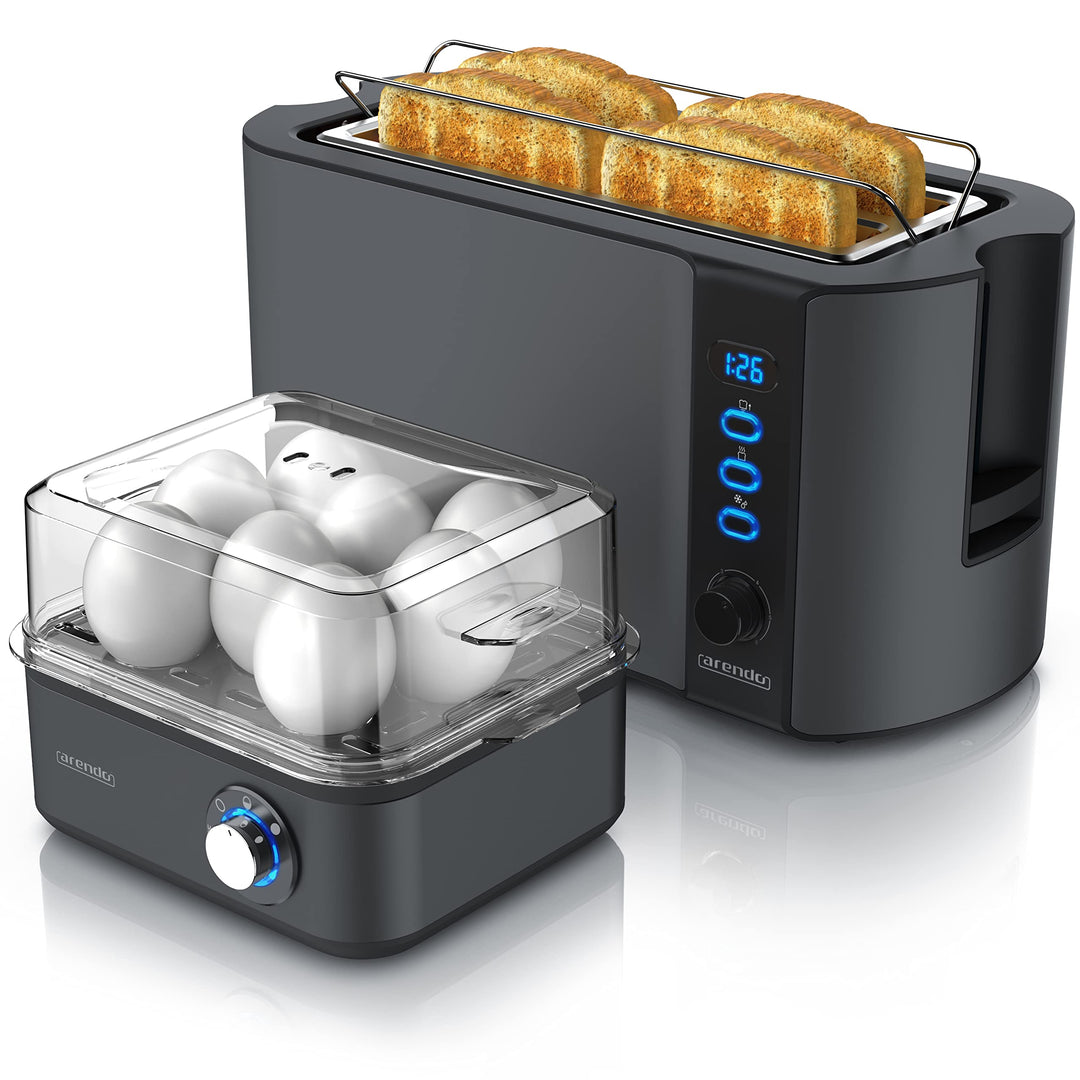 Arendo SET Toaster FRUKOST mit Eierkocher EIGHTCOOK Edelstahl Cool Grey Toaster 4 Scheiben LED-Displ