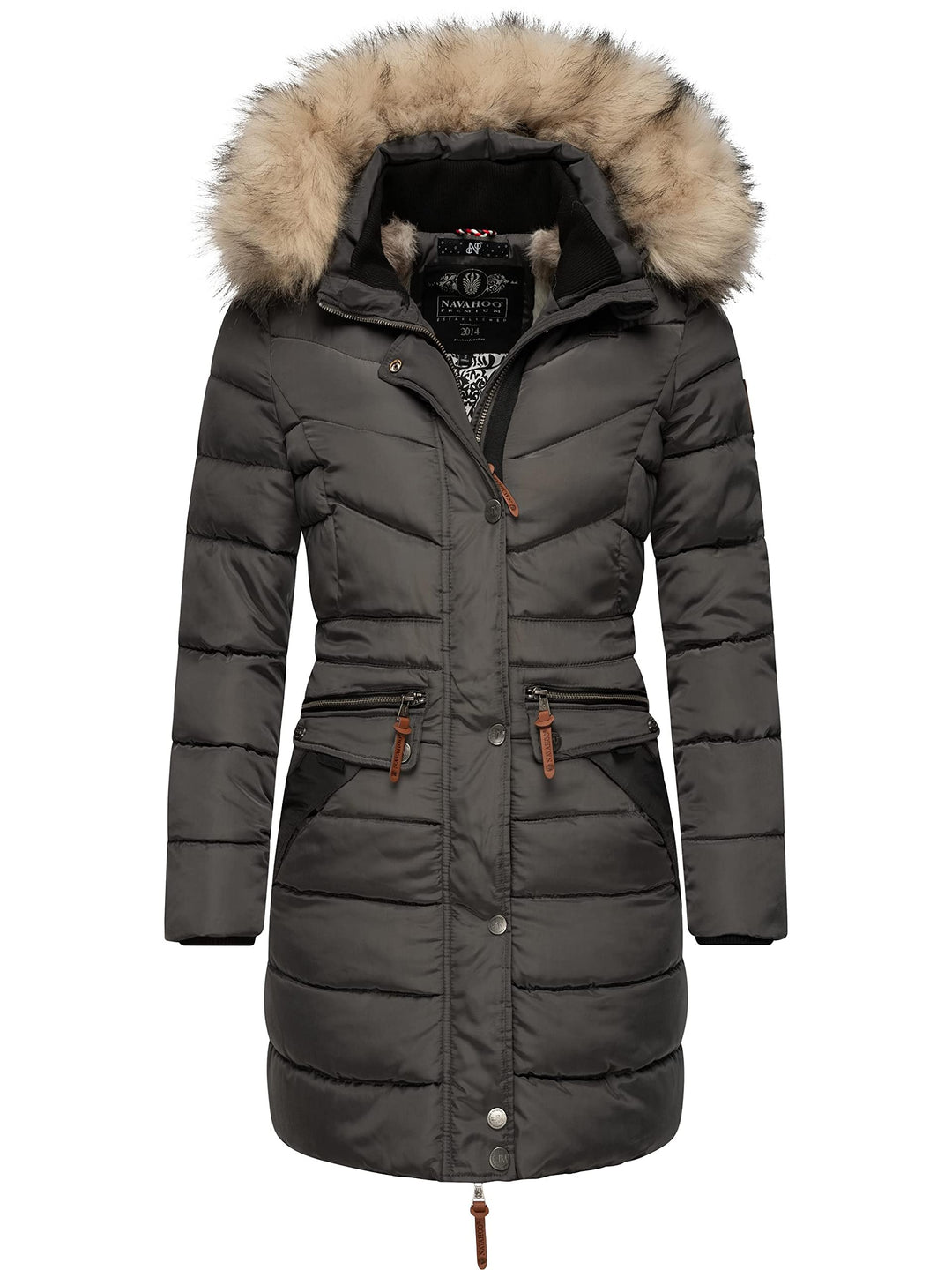 Navahoo Damen Wintermantel Warmer Steppmantel lang mit Abnehmbarer Kunstfell-Kapuze Paula XS-5XL XXL