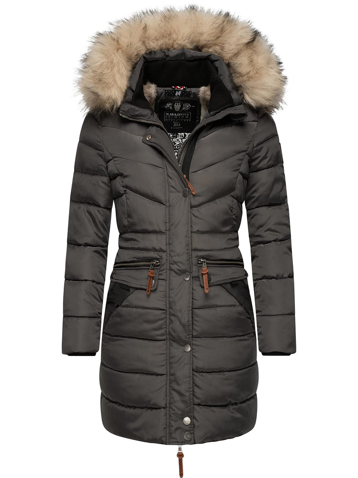 Navahoo Damen Wintermantel Warmer Steppmantel lang mit Abnehmbarer Kunstfell-Kapuze Paula XS-5XL XXL