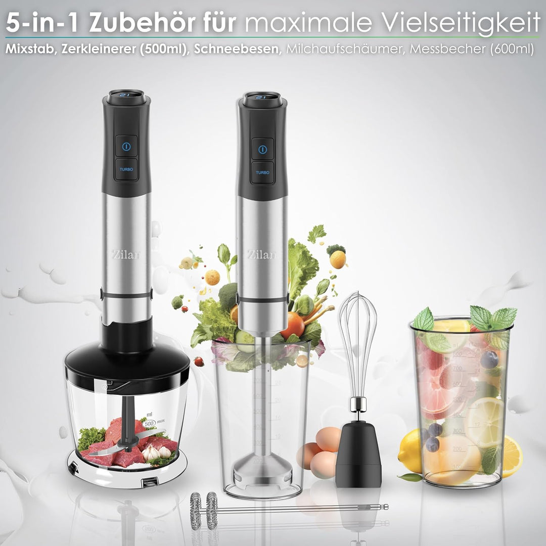 5-in-1 Stabmixer Set 1200 Watt Pürierstab, Zerkleinerer, Schneebesen, Milchaufschäumer, Messbecher L