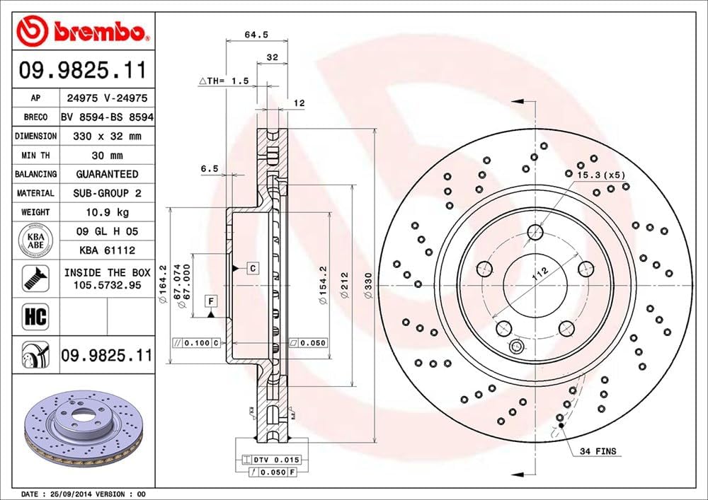 Brembo 09.9825.11 Vordere Bremsscheibe mit UV Lackierung