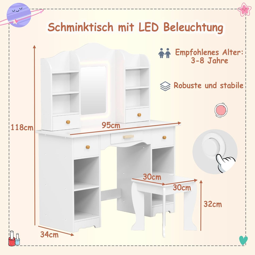 Clevich Schminktisch Kinder Set, Kinderschminktisch mit LED Beleuchtung, 5 Schubladen, 10 Staufächer