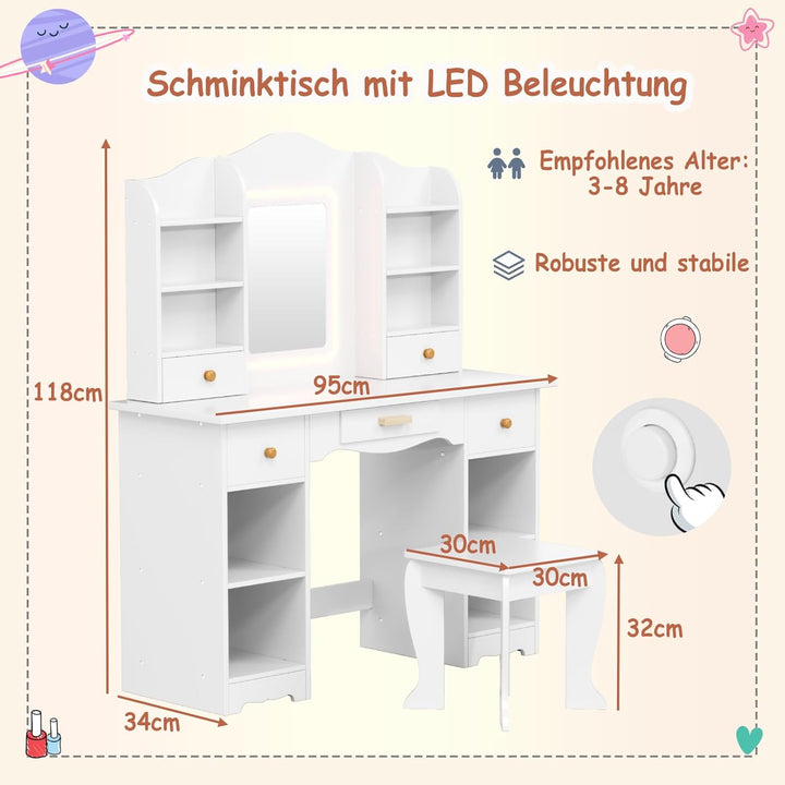 Clevich Schminktisch Kinder Set, Kinderschminktisch mit LED Beleuchtung, 5 Schubladen, 10 Staufächer