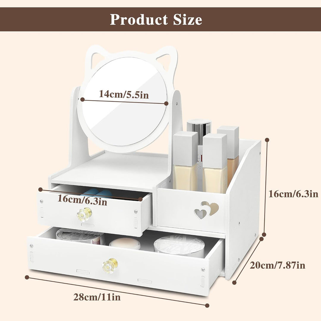 LEcylankEr Schminktisch Organizer mit 360° Spiegel und Schublade, Kosmetik Organizer aus PVC Weiss,
