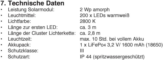 esotec Solar Cluster Lichterkette, 2,7m, 200 Micro LEDs warmweiss, Zuleitung 3m, LiFePo4 Akku, Solar
