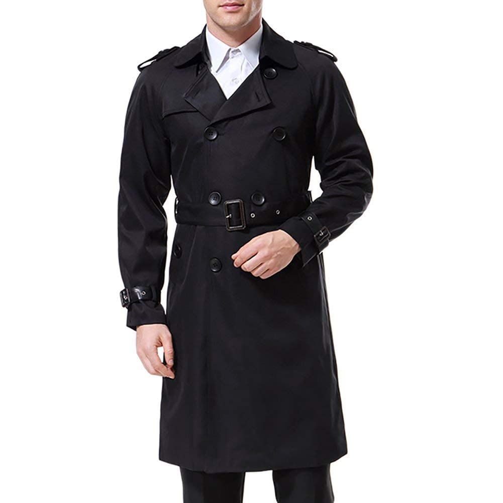 AOWOFS Herren Zweireihiger Trenchcoat mit Gürtel Revers Lang Mantel Business Jacke Frühling Übergang