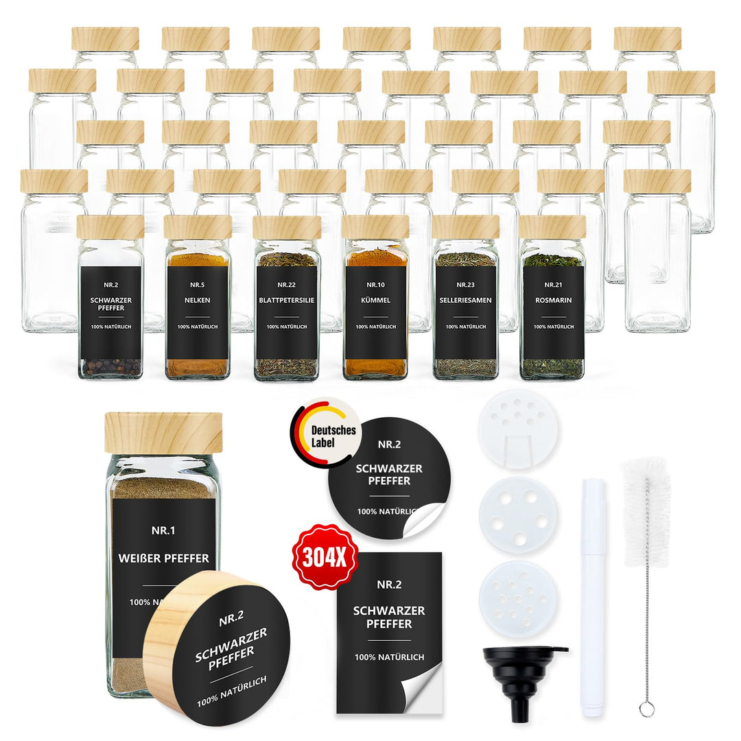 Gewürzgläser Eckig mit Etiketten Set 36er: Kleine Gewürzdosen Glas 120ml mit Streueinsatz Wasserfest