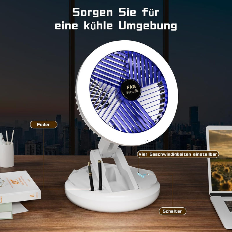 Mihoho Turbo-Ventilator,4-Geschwindigkeits-Luftzirkulator mit Licht, Akku-faltbarer Ventilator mit L