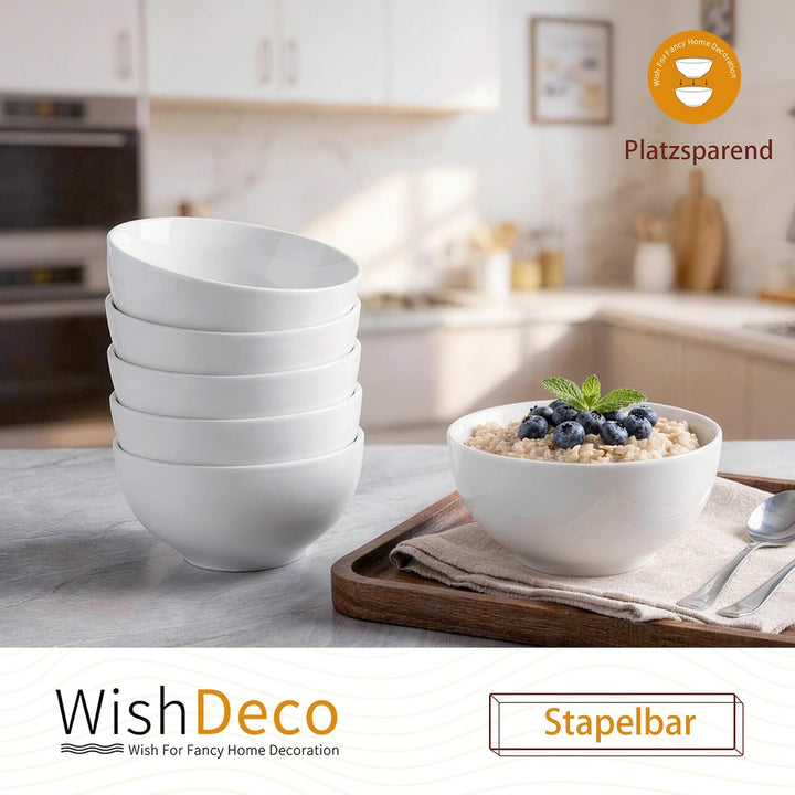 WishDeco Reisschalen 6er-Set, 300 ml Porzellan Schalen, Weisse Schalen für Suppe, Reis &amp; Dessert, Sp