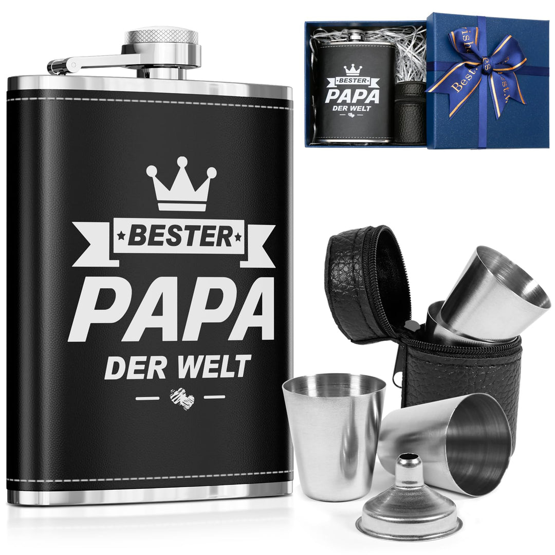 LILABIENE Flachmann Papa Geschenkset mit Gravur Bester Papa der Welt mit Becher Edelstahl Leder Schw