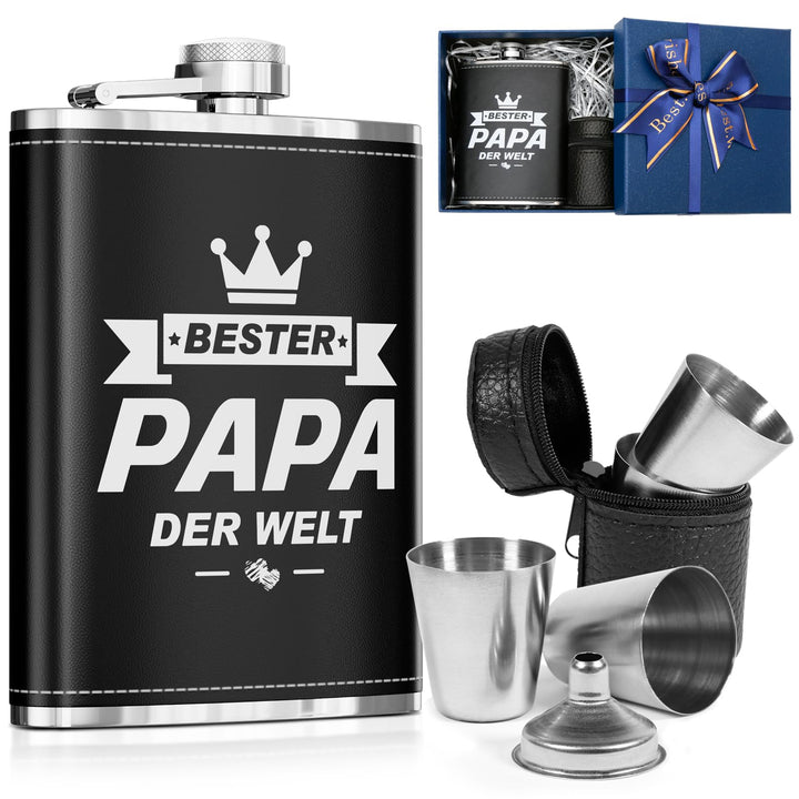 LILABIENE Flachmann Papa Geschenkset mit Gravur Bester Papa der Welt mit Becher Edelstahl Leder Schw