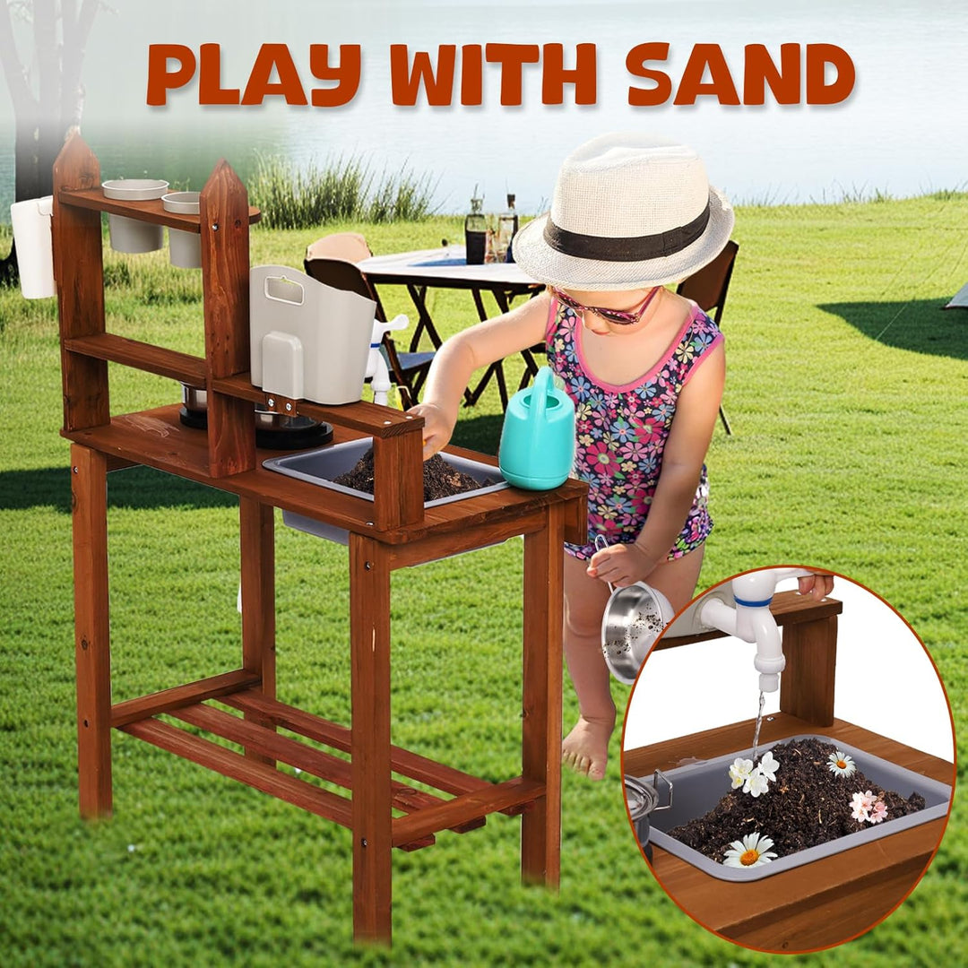 Outdoor Matschküche für Kinder – Robustes Spielzeugküche aus Holz mit Zubehör – Kreatives Sand- und