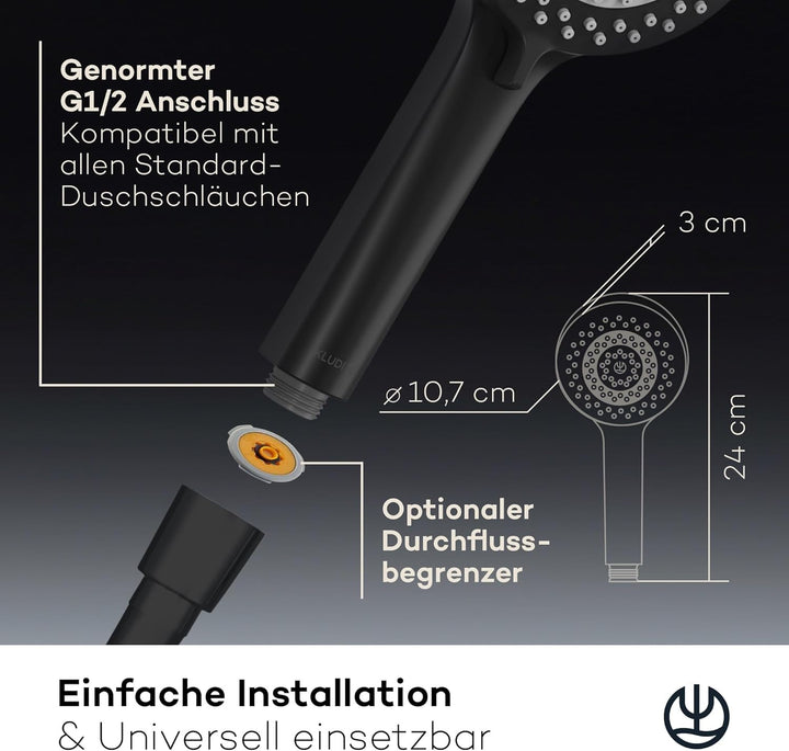 KLUDI-X1 Universal Duschkopf wassersparend als Option, Duschbrause mit 3 Strahlarten (Body, Hair, Sk