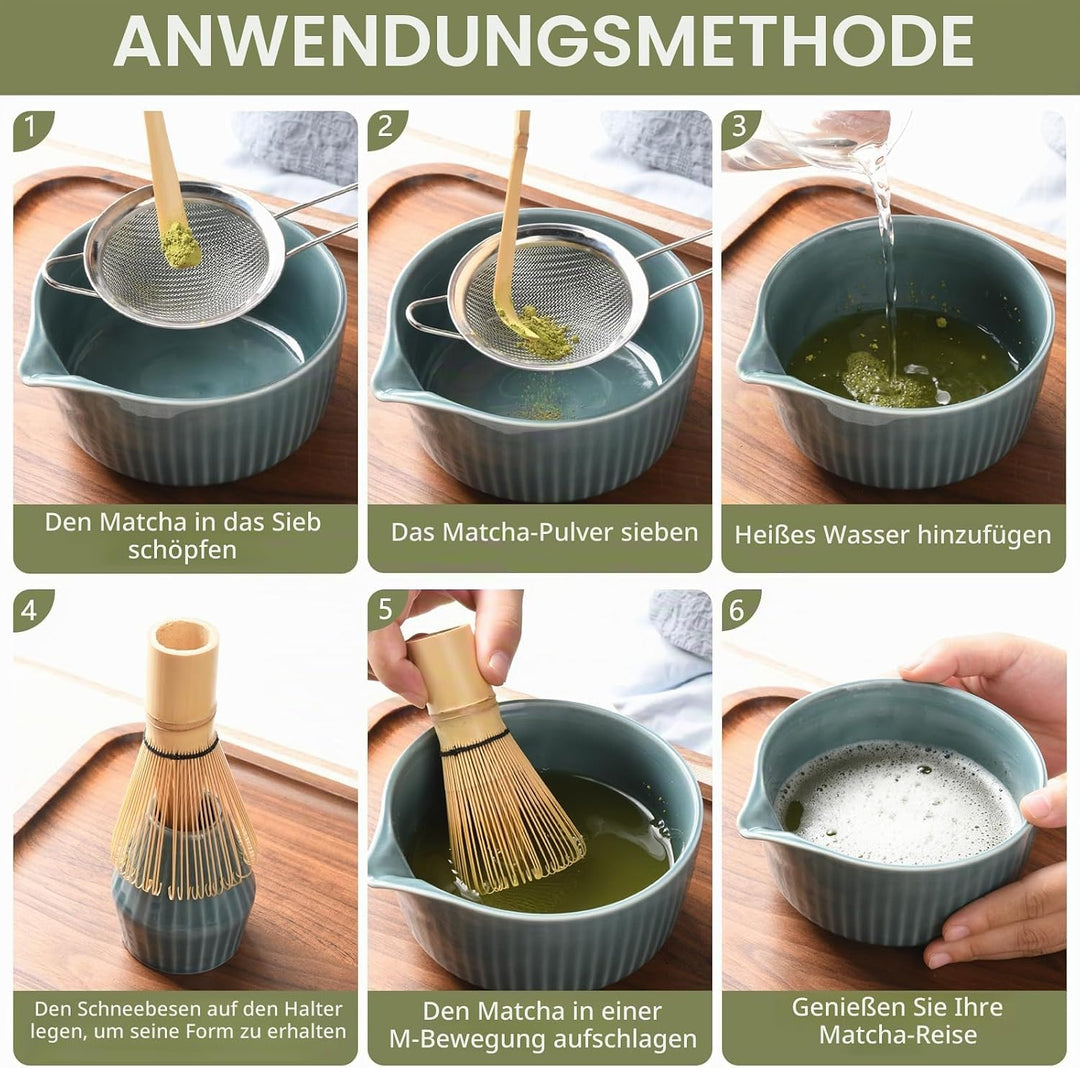 Matcha Set Premium 7-teilig Keramik: Matcha Schale, Bambus Besen (Chasen),Teebesenbasis，Teelöffel, S
