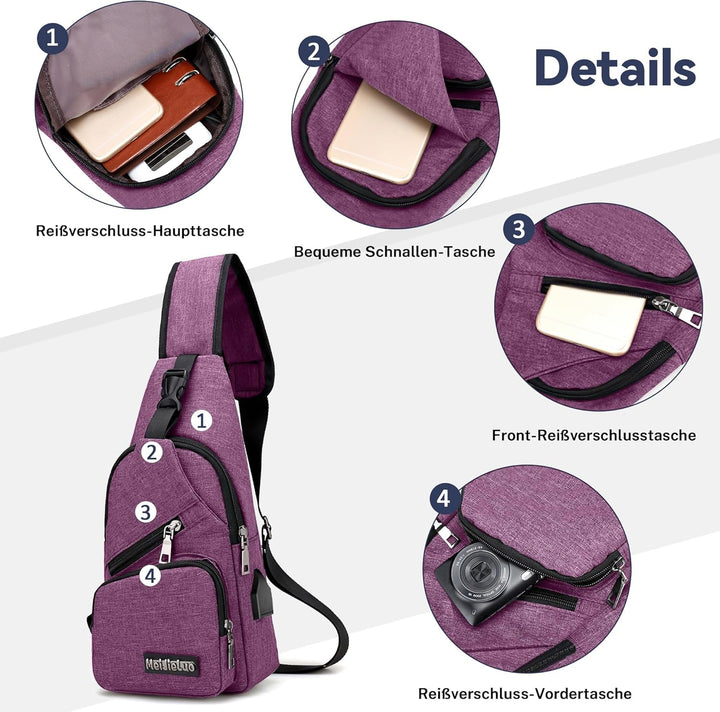 VARLIVOO Herren Sling Bag mit USB Port Crossbody Bag Diebstahlsicherung Schultertaschen Reise Wander