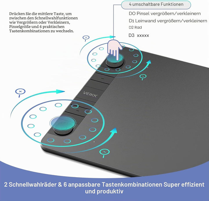 Grafiktablett VEIKK VK1060PRO, Doppeltes Einstellrad-Design 10x6 Zoll Zeichentablett mit 8192 Drucks