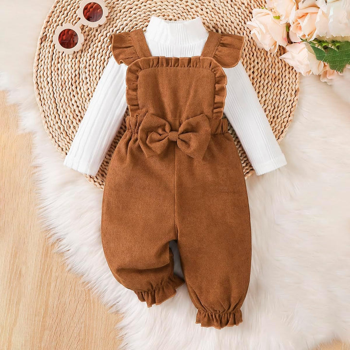 Baby Mädchen Kleidung Langarmshirt Stehkragen Rüschen Cordhose Trägern | Outfit für Mädchen Bestehen