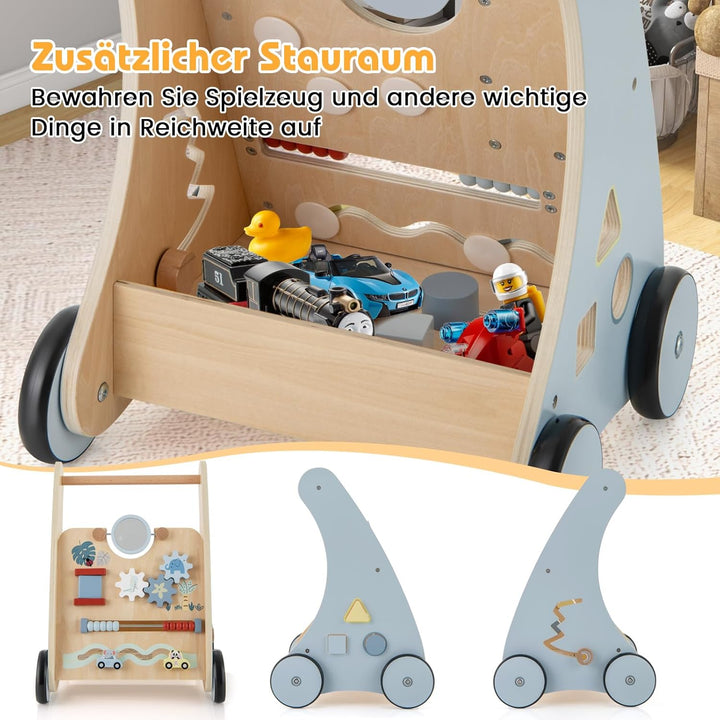 GOPLUS 2 in 1 Lauflernwagen, Lauflernhilfe Holz mit interaktiven Elementen, Hintere Ablage, Montesso
