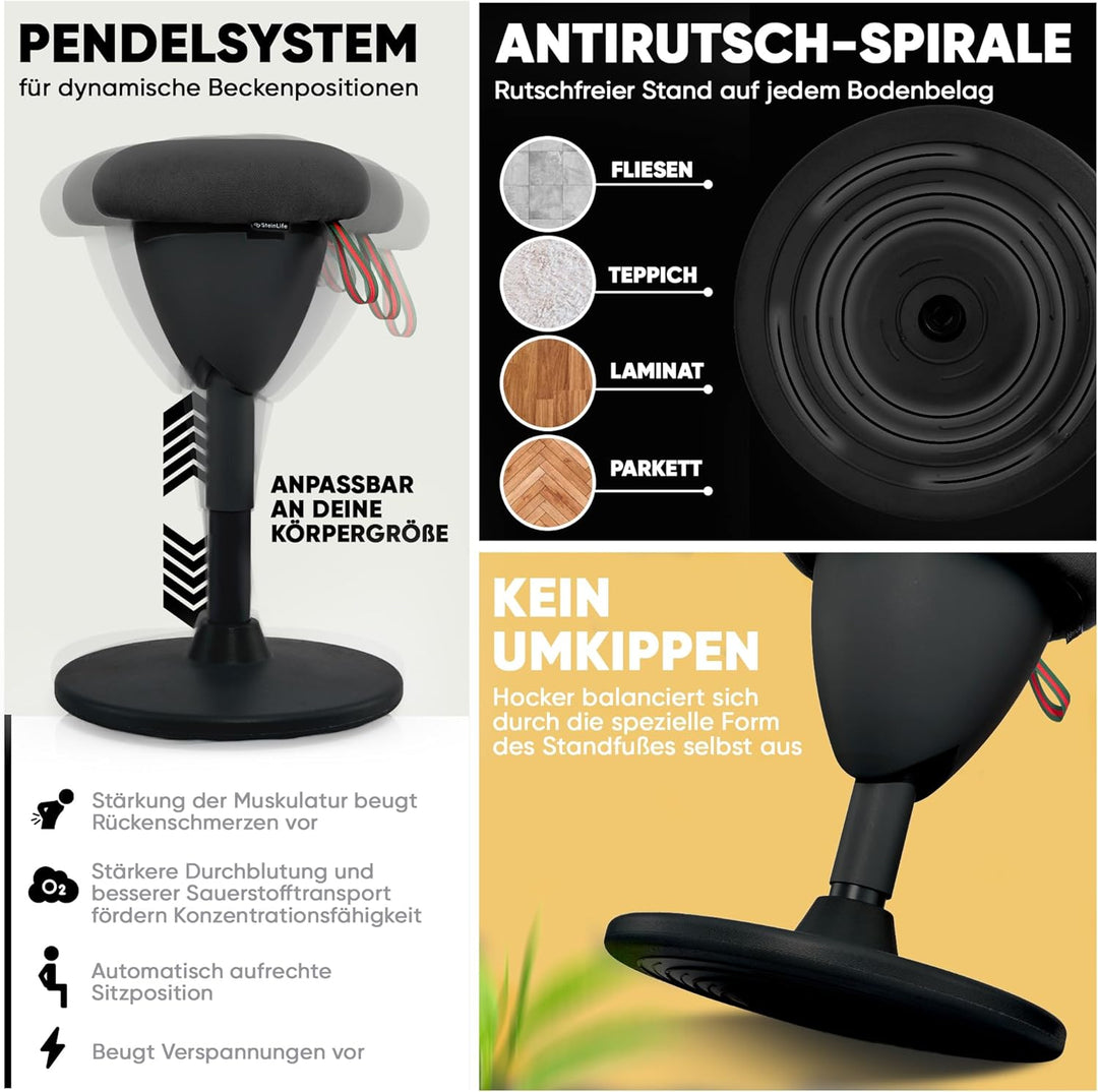 SteinLife Cone [Black Edition] - Stehhocker ergonomisch mit Schwingeffekt - [Höhenverstellbar] - Bür