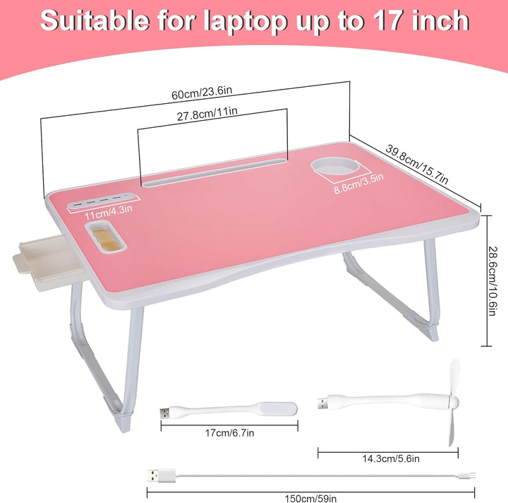 Laptop Betttisch, Faltbarer Laptop-Betttisch mit USB-Ladeanschluss, Griff, Kartenfach, Becherhalter,