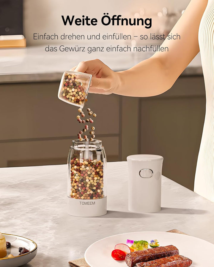 TOMEEM Elektrisches Salz- und Pfeffermühlen-Set – wiederaufladbar mit LED-Betriebsanzeige, 5-stufig