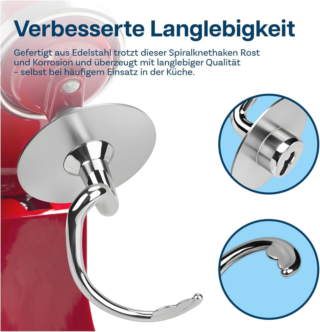 Edelstahl Spiral-Knethaken K45DH für KitchenAid 4.5-5 Quart Kippkopf-Standmixer Artisan & Classic Se