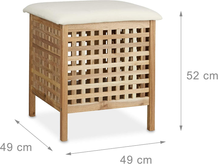Relaxdays Badhocker Walnuss mit Wäschesammler HBT: 52 x 49 x 49 cm Badhocker mit Sitzkissen aus Lein