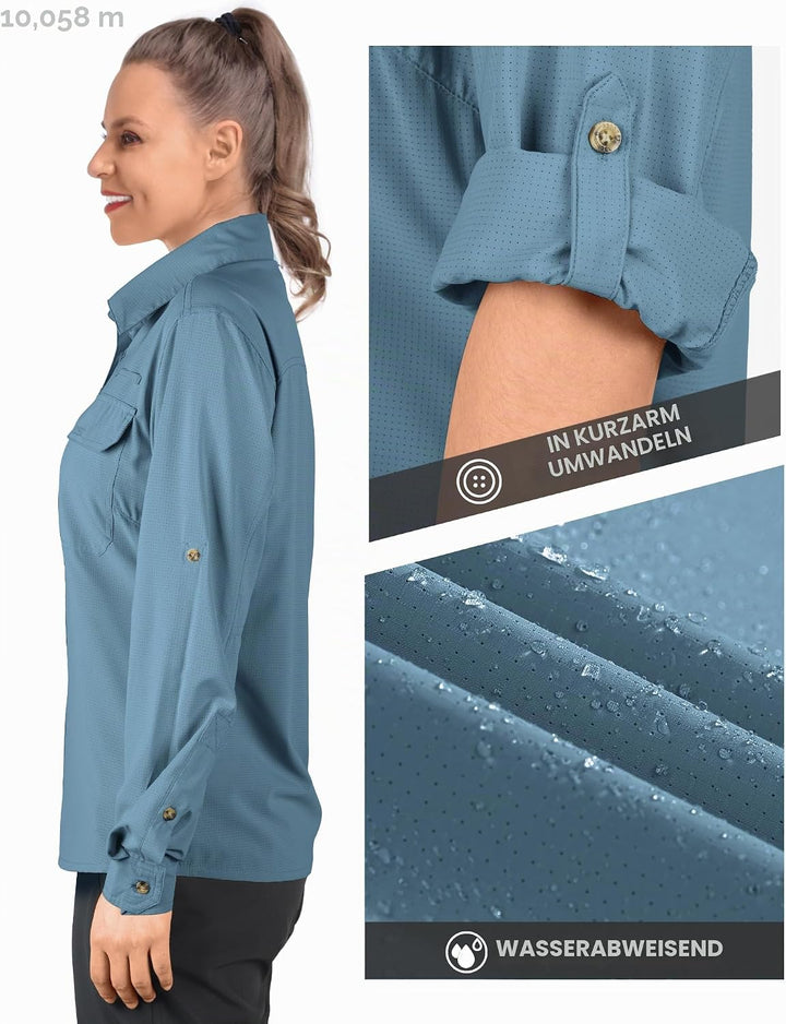 33,000ft Hemd Damen UPF50+ UV Schutz Outdoorhemd Schnelltrocknend Freizeithemd Langarm Funktionshemd