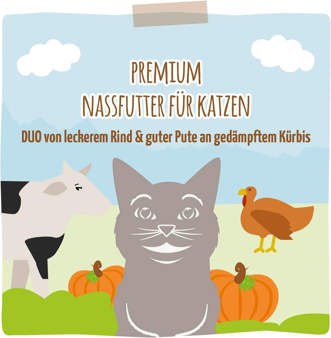MjAMjAM - Premium Nassfutter für Katzen - DUO von leckerem Rind & guter Pute an gedämpftem Kürbis, 6
