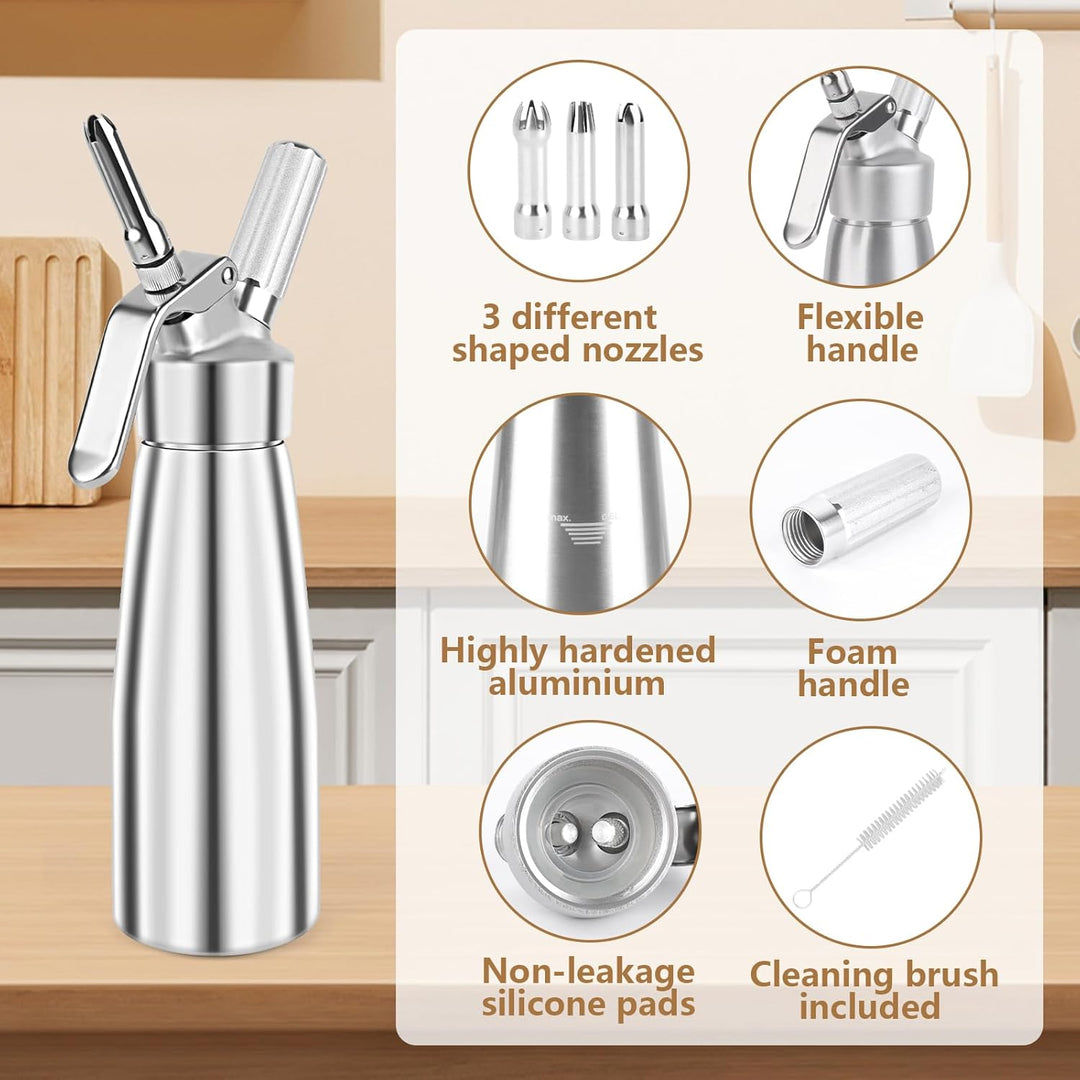 talifoca 500ml Sahnespender, Sahnespender aus Aluminium, Sahnesyphon Aluminium mit 3 Edelstahl Deko-