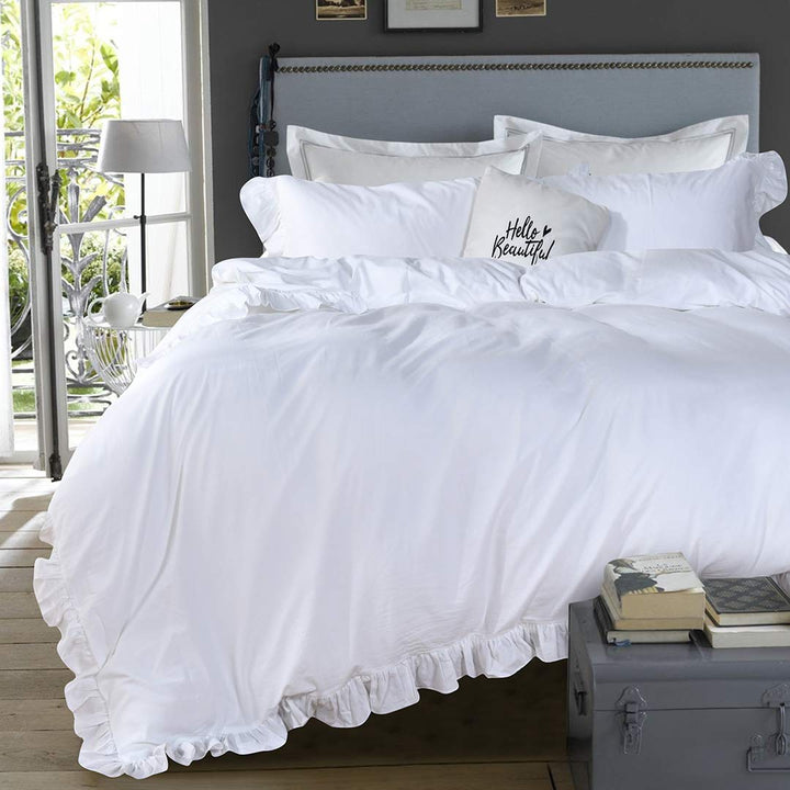 QSH Weisser Rüschen-Bettbezug für Queen-Size-Betten, 100 % gewaschene Baumwolle, Bauernhaus, Shabby-