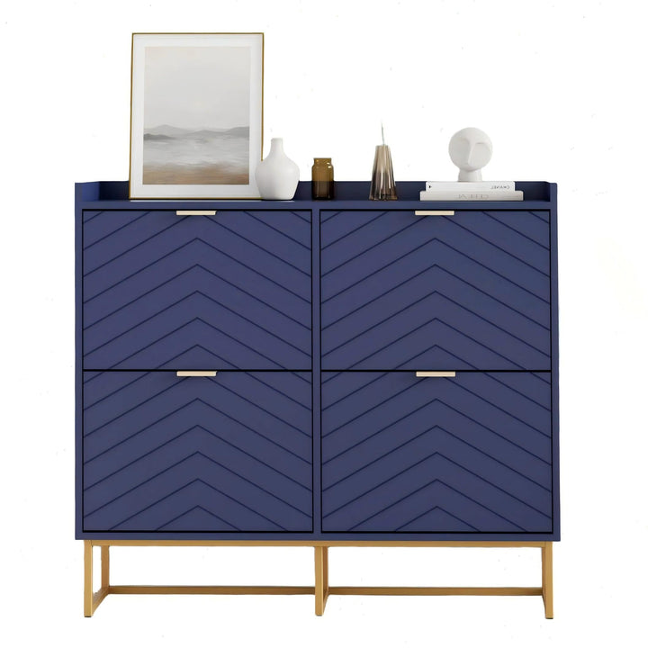 UEV Schuhschrank schmal mit 4 Klappen, 100x24x103,5cm Schuhregal (Blau) | Schuhkommode Geschlossen m
