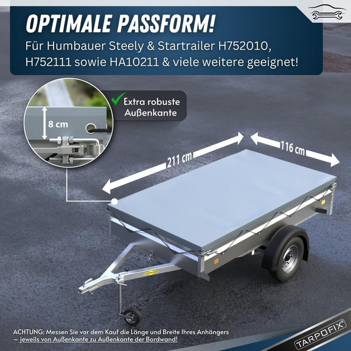 Tarpofix® Anhängerplane Flachplane 211x116x8 cm - ECHTES PVC PLANENMATERIAL - Randverstärkte Anhänge