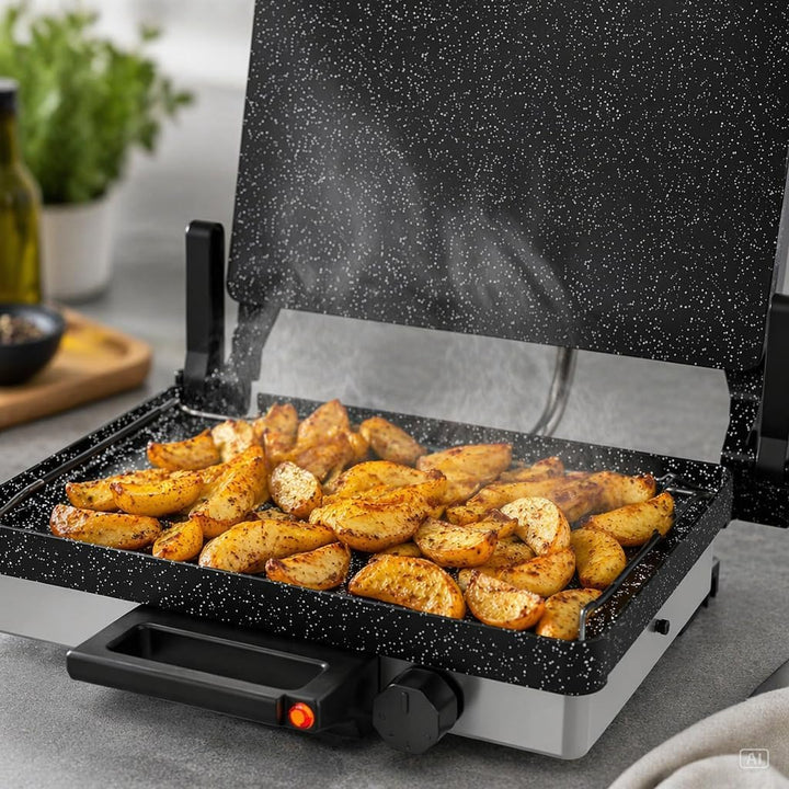 Roland Germany Multigrill, 2000W Elektro-Kontaktgrill, Schwarz, 340x220mm Grillplatten, 5-Stufen Tem