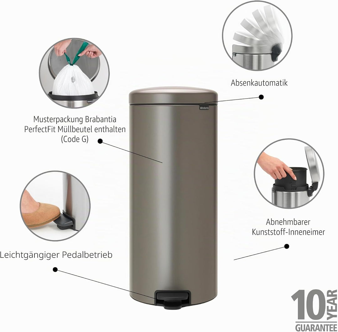 Brabantia 114441 Pedal Bin newIcon Treteimer mit Kunststoffeinsatz in Platin, Plastik, Platinum, 30