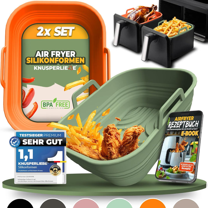 KNUSPERLIEBE® 2x Set Silikonform Faltbar für Airfryer, Heissluftfritteuse, BPA-FREI | Zubehör Ninja