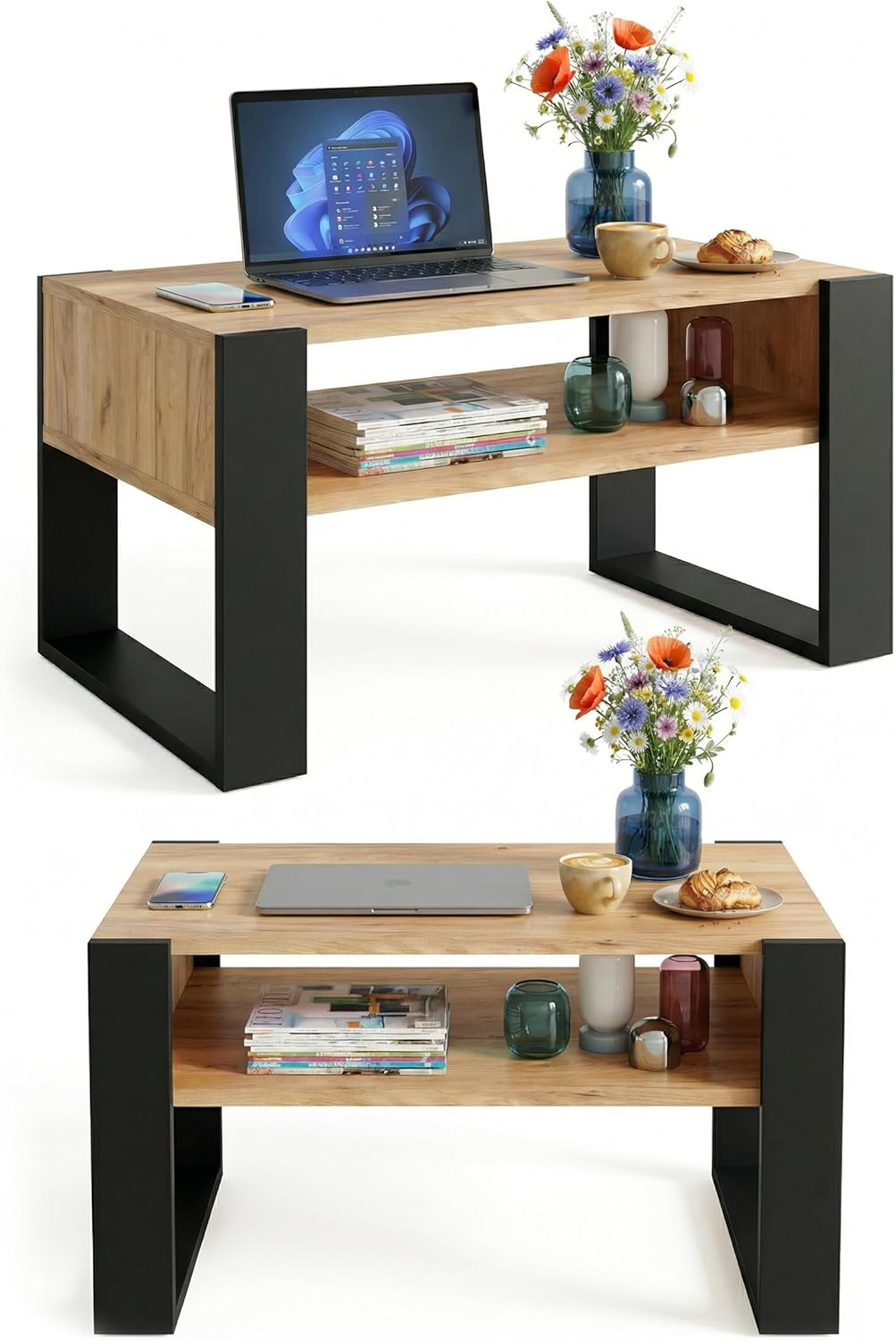 Couchtisch 92×53.6 cm – Wohnzimmertisch aus Holzwerkstoff, Stabiler & moderner Kaffeetisch mit zusät