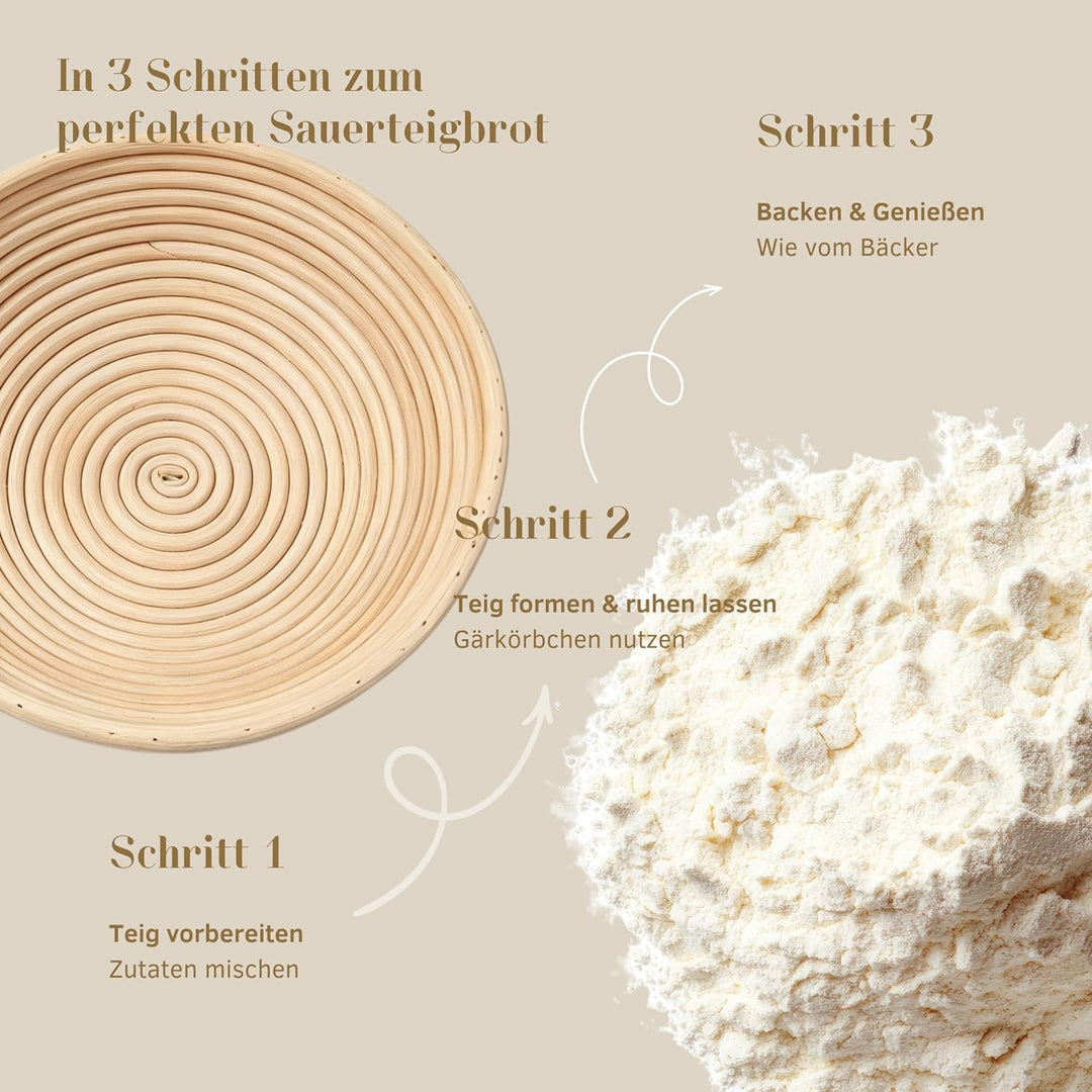 GoodHarvest Sauerteig Starter Set: Premium Komplettset mit Rattan-Gärkörbchen, 600ml Starterglas, Br
