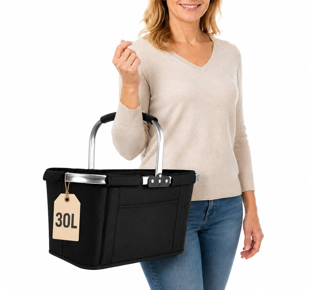 Einkaufskorb Faltbar 30L XXL, Platzsparender Klappkorb mit Edelstahlrahmen & 300D Oxford, Ideal für