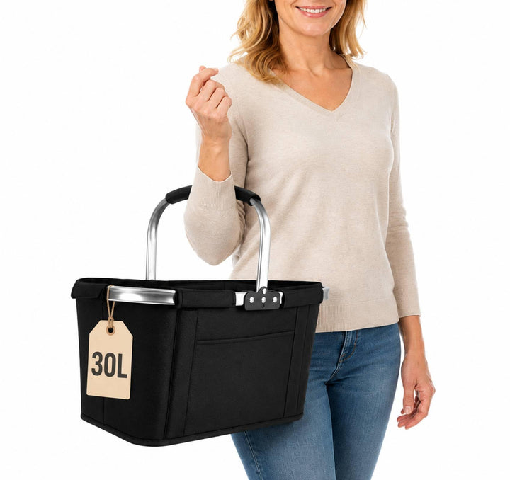 Einkaufskorb Faltbar 30L XXL, Platzsparender Klappkorb mit Edelstahlrahmen & 300D Oxford, Ideal für