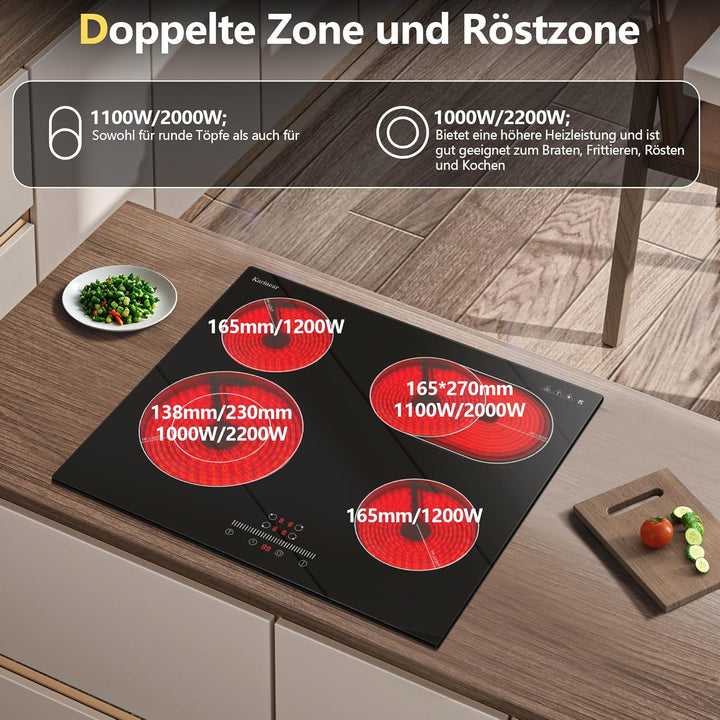 Karinear Glaskeramikkochfeld 4 Platten Einbau mit mit Ovalbrenner, Elektrokochfeld 60 cm mit Slider-