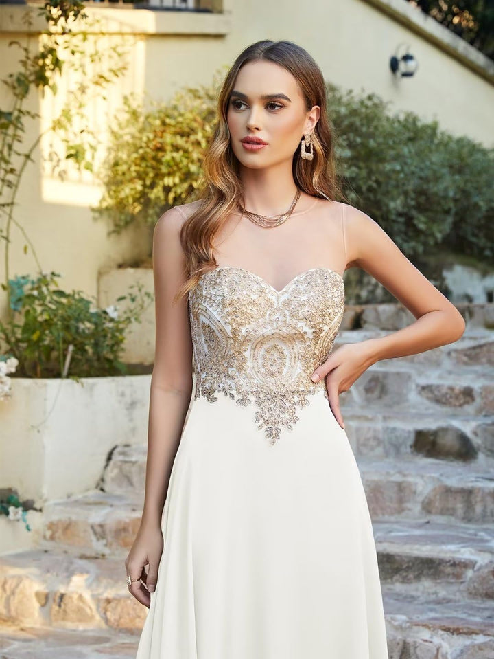 Misshow Abendkleid Chic Lang mit floralen Applikationen aus Chiffon Gr. 30 Elfenbein, 30 Elfenbein