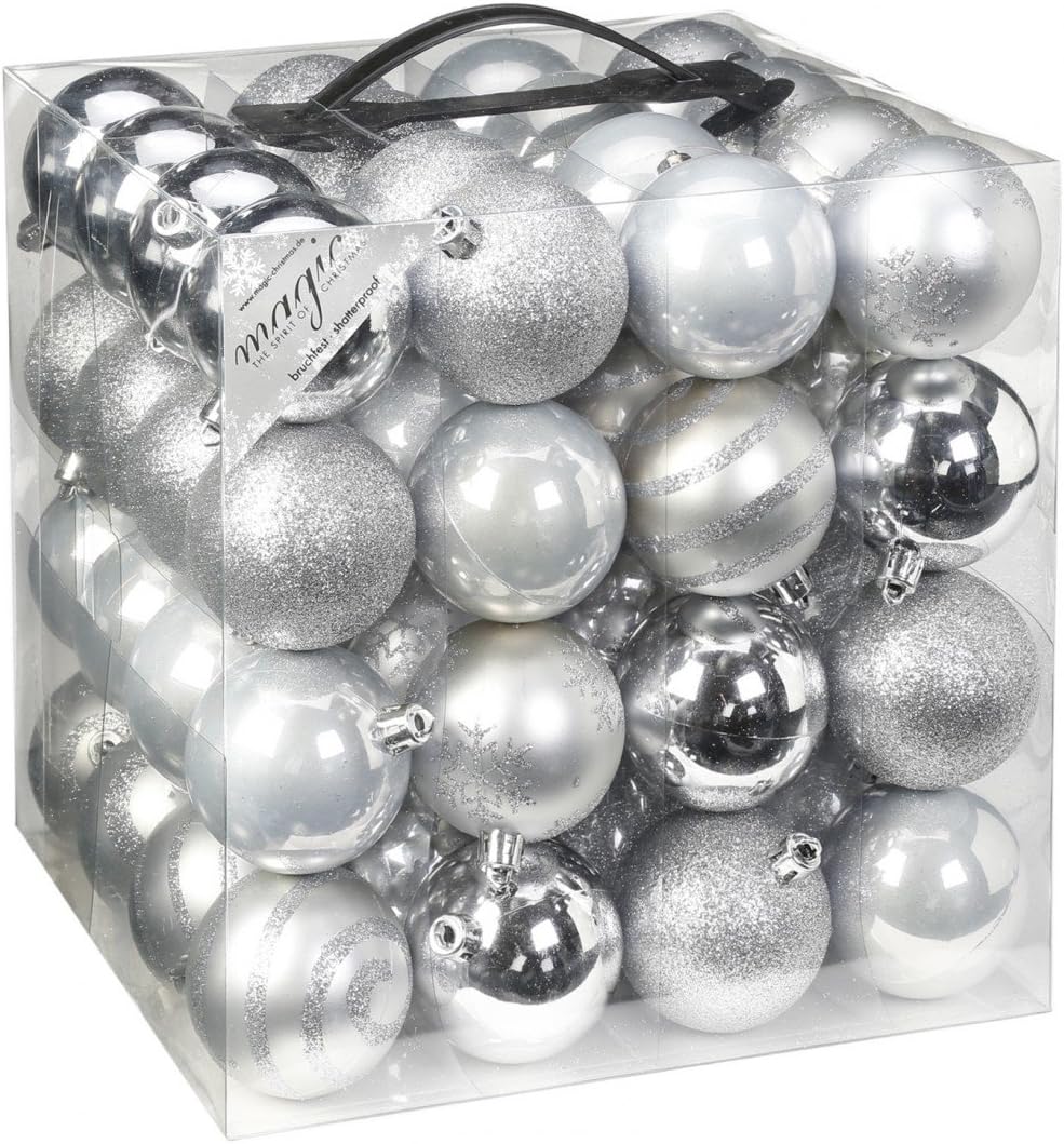 64x Kunststoff Christbaumkugeln 6cm Kugel Box Glanz Glitzer Matt Dekor Inge Glas, Farbe:Silber Silve