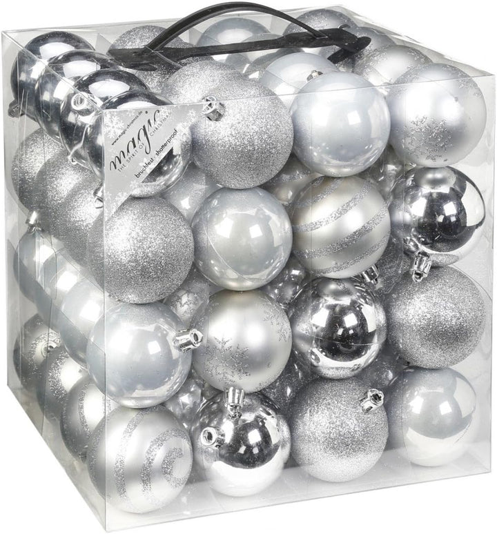 64x Kunststoff Christbaumkugeln 6cm Kugel Box Glanz Glitzer Matt Dekor Inge Glas, Farbe:Silber Silve