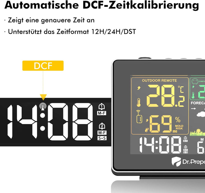 DR.PREPARE Wetterstation mit Aussensensor DCF Projektionswecker Einstellbare Projektionsfokus Wecker